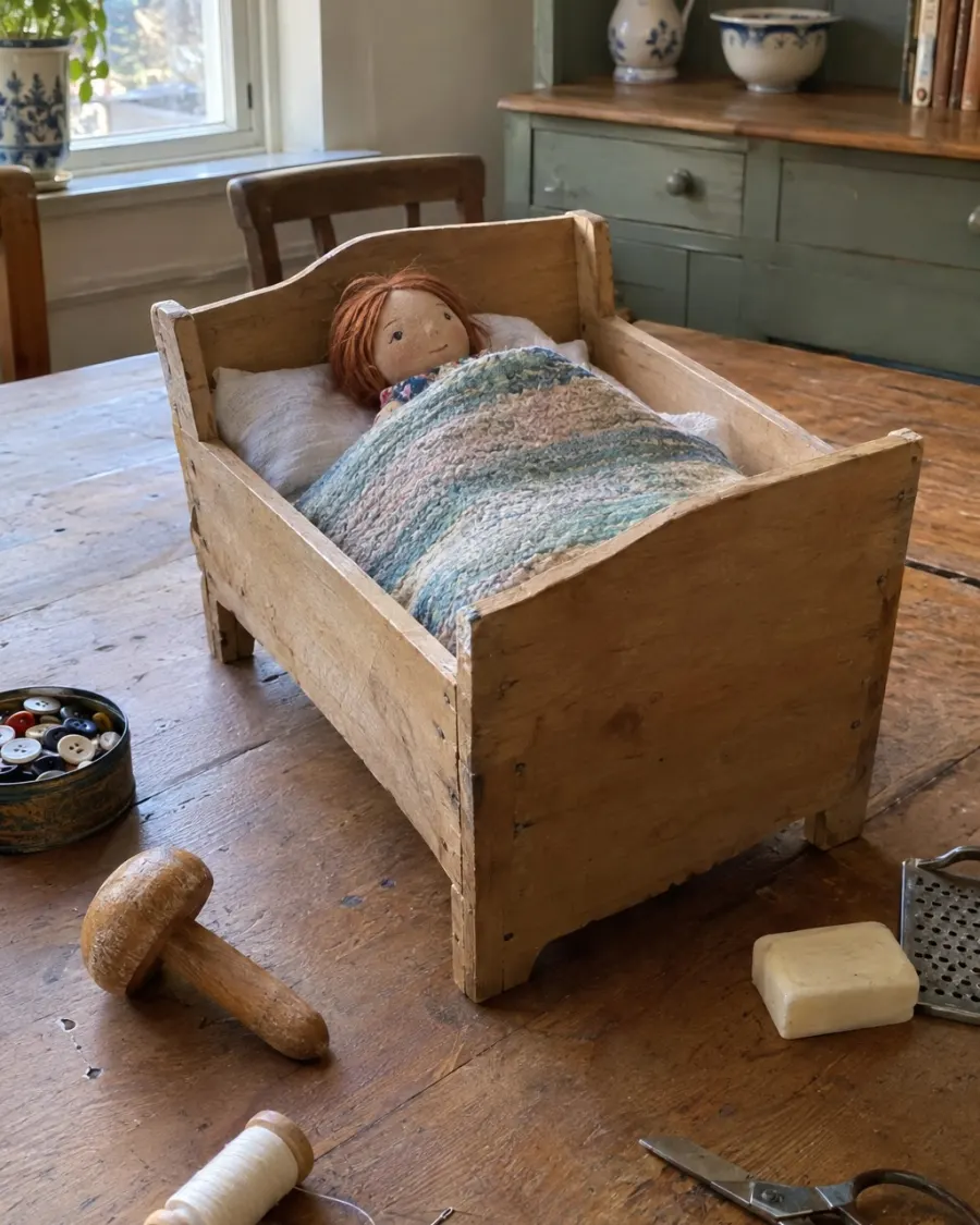 A doll's cot from an apple crate